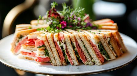 A stylish plate of gourmet sandwiches cut into triangles, beautifully arranged with a garnish of herbs, perfect for an upscale brunch or catering eventの素材