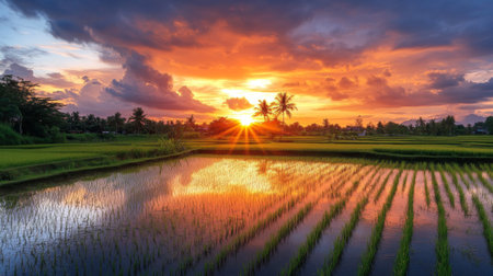 A stunning sunset over a rice field, with the sky painted in shades of orange and pink, reflecting on the water-filled paddies, creating a serene and picturesque landscape.の素材