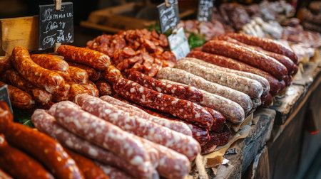 A variety of sausages displayed at a local market, showcasing different flavors, sizes, and colors, with a rustic background.の素材