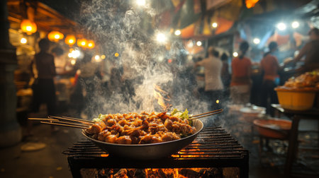 A street food vendor grilling chicken over charcoal, with a bowl of som tam ready to serve, capturing the lively atmosphere of a bustling Thai market.の素材