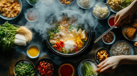 A steaming hot pot being served at a table, with a variety of dipping sauces and fresh ingredients laid out, creating an inviting dining experience.の素材