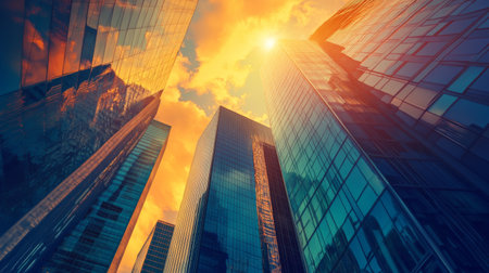 A vibrant city skyline with skyscrapers and corporate buildings, symbolizing the dynamic and fast-paced world of business and financeの素材