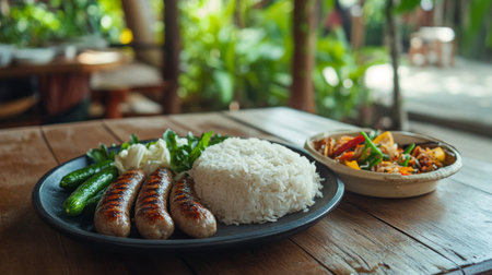 A traditional Thai breakfast featuring grilled sausages, sticky rice, and fresh vegetables served on a wooden table with a rural backdrop.の素材