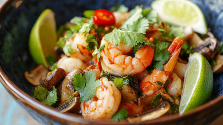 A vibrant bowl of steaming with fresh shrimp, mushrooms, and aromatic herbs, garnished with cilantro and lime wedges, inviting diners to enjoy a spicy delightの素材
