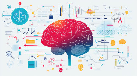 A vibrant brain infographic displaying different areas and their functions, set against a clean background, making complex information visually engagingの素材