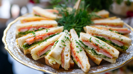 A stylish plate of gourmet sandwiches cut into triangles, beautifully arranged with a garnish of herbs, perfect for an upscale brunch or catering eventの素材