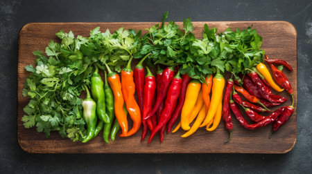 A vibrant assortment of fresh chili peppers arranged on a wooden cutting board, showcasing their various colors and shapes, perfect for highlighting Thai cuisineの素材