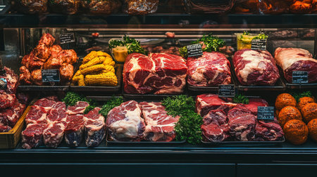 A vibrant butcher shop display featuring a variety of fresh cuts of meat, showcasing the rich colors and textures that highlight quality and freshness.の素材