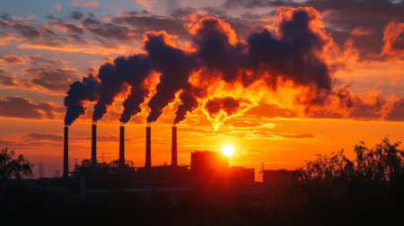 A vibrant sunset behind a factory silhouette, with smoke rising from chimneys, capturing the essence of industrial life and the transition to nightの素材