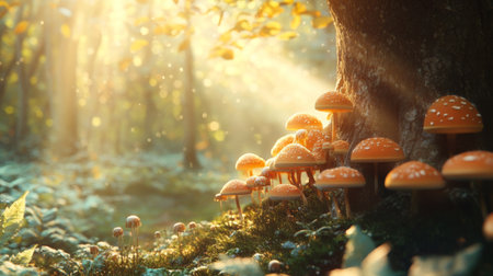 A whimsical image of mushrooms sprouting from a tree trunk in a sunlit forest, with dappled light creating a magical atmosphere among the foliage.の素材