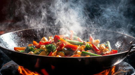 A vibrant stir-fry being cooked in a wok over high heat, with bright colors from the vegetables and a splash of soy sauce, showcasing a delicious Asian dish.の素材