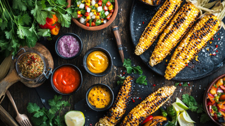 An overhead shot of a festive spread featuring grilled corn, and dipping sauces, highlighting a colorful and inviting summer barbecue setup.の素材