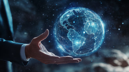 A visionary businessman extends his hand to a holographic globe, symbolizing cutting-edge global connectivity and the future of globalization. The holographic globe with digital data streamsの素材