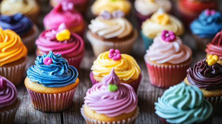 An array of colorful cupcakes with intricate frosting designs displayed on a rustic wooden table, highlighting the creativity and artistry of baking.の素材