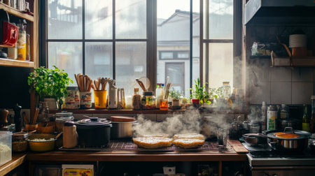 A warm, inviting kitchen with freshly made cooling on a rack, surrounded by ingredients and cooking tools, emphasizing the homemade aspect of this dish.の素材