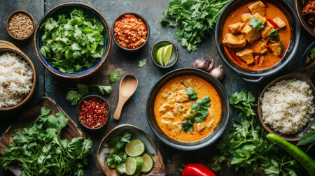 An overhead view of a beautifully arranged dinner table featuring curry, and fresh herbs, inviting guests to enjoy a flavorful Thai feast.の素材