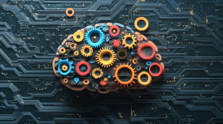 An artistic representation of a brain made up of colorful gears and circuits, symbolizing creativity and the connection between technology and thought processes.の素材