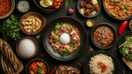 An overhead shot of a variety of dishes seasoned with cooking salt, showcasing the versatility and essential role of salt in culinary creations.の素材