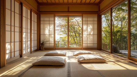 An interior view of a Japanese-style room with tatami mats, shoji screens, and minimalist decor, illustrating the elegance and simplicity of Japanese design.の素材