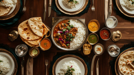 An elegant table setting featuring a traditional Indian thali with various curries, rice, and flatbreads, highlighting the richness of Indian culinary traditions.の素材