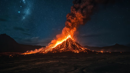 An eerie nighttime shot of a volcano erupting, illuminated by the glow of lava, creating a stark contrast with the dark landscape and starry sky.の素材