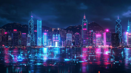 Smart network and Connection technology concept, Hong Kong digital city background at night in victoria harbour, Cyberpunk color style, Panorama viewの素材