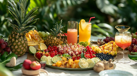 An outdoor dining scene featuring a platter of surrounded by tropical fruits and drinks, perfect for a festive summer gathering with friends.の素材