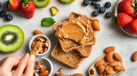 An overhead view of almond butter being spread on whole grain toast, surrounded by fresh fruits, showcasing a healthy breakfast option.の素材