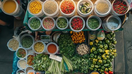 An overhead shot of a traditional Thai market stall filled with fresh herbs, chili peppers, and jars of homemade curry pastes, illustrating local culinary culture.の素材