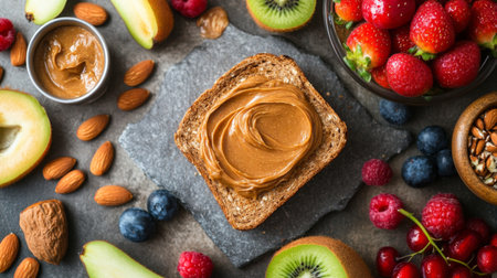 An overhead view of almond butter being spread on whole grain toast, surrounded by fresh fruits, showcasing a healthy breakfast option.の素材