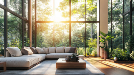 An open-concept living room with large windows, offering a view of a beautiful garden outside, with sunlight streaming in and illuminating the inviting space.の素材