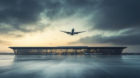 plane flying and airport terminal buildingの素材