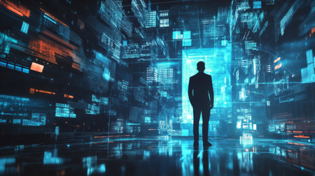 Businessman presenting futuristic business world metaverse graphic. In the form of innovation in digital business processing technology, innovation of the 21st centuryの素材