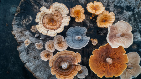 An overhead shot of various types of mushrooms growing on a weathered tree stump, showcasing their unique shapes and colors against a natural backdrop.の素材