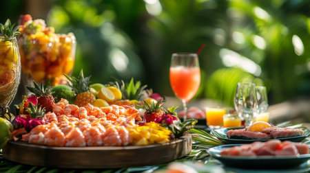 An outdoor dining scene featuring a platter of surrounded by tropical fruits and drinks, perfect for a festive summer gathering with friends.の素材