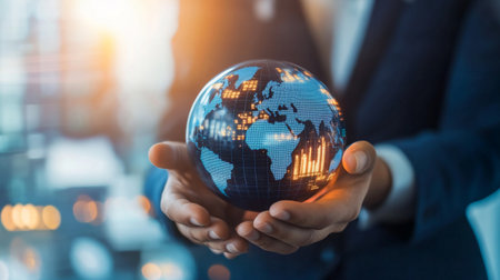 Business and economic growth on global business network, Data analysis of financial and banking, Customer service, Technology and data connection, Teamwork, Business strategy and Digital marketing.の素材