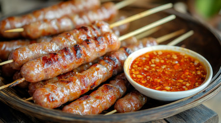 Grilled sausages on a skewer, served with a spicy dipping sauce, a popular street food snack in Thailand, placed on a wooden table.の素材
