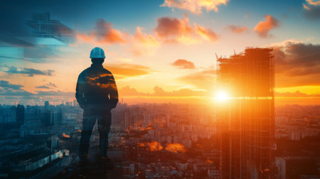 The double exposure image of the engineer standing back during sunrise overlay with cityscape image. The concept of engineering, construction, city life and futureの素材