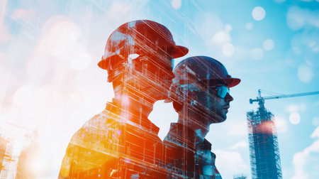 team engineer building construction project with architect people or construction worker working with modern civil equipment technology, double exposure graphic design. Building engineerの素材