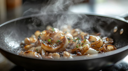 A bowl of caramelized shallots sizzling in a pan, with steam rising and a golden-brown color, illustrating the delicious transformation during cooking.の素材