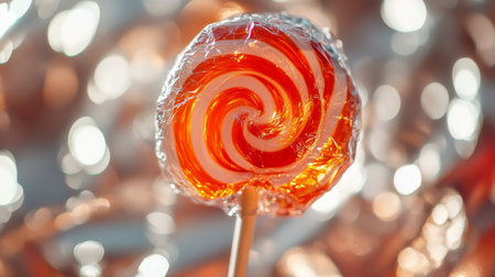 A close-up of a lollipop being unwrapped, with shiny foil reflecting light, creating an enticing moment just before enjoying the sweet treat.の素材