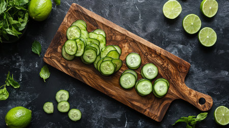 A beautiful wooden serving board with a generous portion of garnished with lime wedges and sliced cucumbers, perfect for a casual dining setting.の素材
