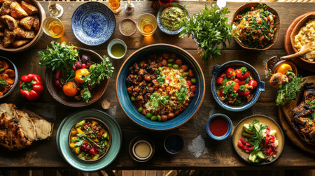 A beautiful dining table set with a large bowl of at the center, surrounded by colorful dishes, showcasing a delicious home-cooked meal.の素材