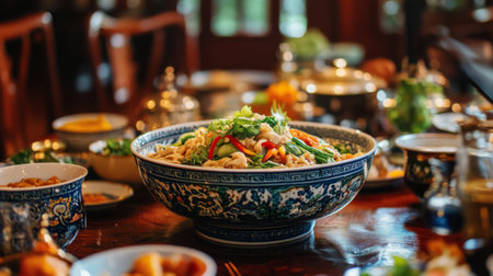 A beautiful dining table set with a large bowl of at the center, surrounded by colorful dishes, showcasing a delicious home-cooked meal.の素材