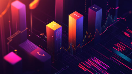 A 3D bar chart with each bar representing different market sectors, set against a dark gradient background, with arrows and icons indicating growth trends.の素材