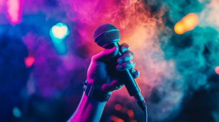 A close-up of a microphone being held by a singer on stage, with their hand gripping the mic as they belt out a song, with vibrant lighting and smoke effects.の素材