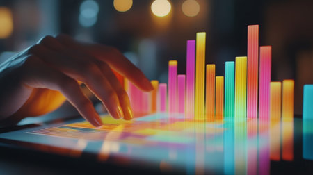 A close-up of a multicolored 3D bar chart on a digital tablet, with hands interacting with the chart, highlighting interactive data visualization.の素材