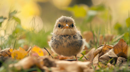 A close-up of a baby bird with soft, downy feathers, looking curiously at the camera, surrounded by fallen leaves and grass in a natural habitat.の素材