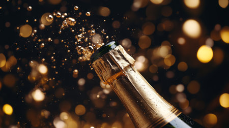 A close-up of a champagne bottle being popped, with golden bubbles and champagne foam spilling out in celebration, set against a dark, elegant backdrop.の素材