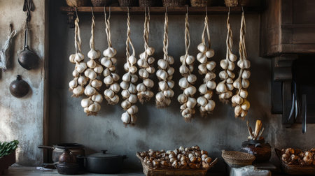 A beautiful arrangement of garlic braids hanging in a traditional kitchen, showcasing the rustic charm and culinary significance of garlic.の素材